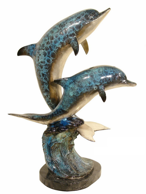 2 Dolphins on Marble Base with Special Blue Silver Patina